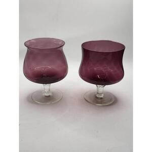 Pair of Empoli Amethyst Optic Swirl & Clear Twist Stem Snifer Goblets - UV Glow